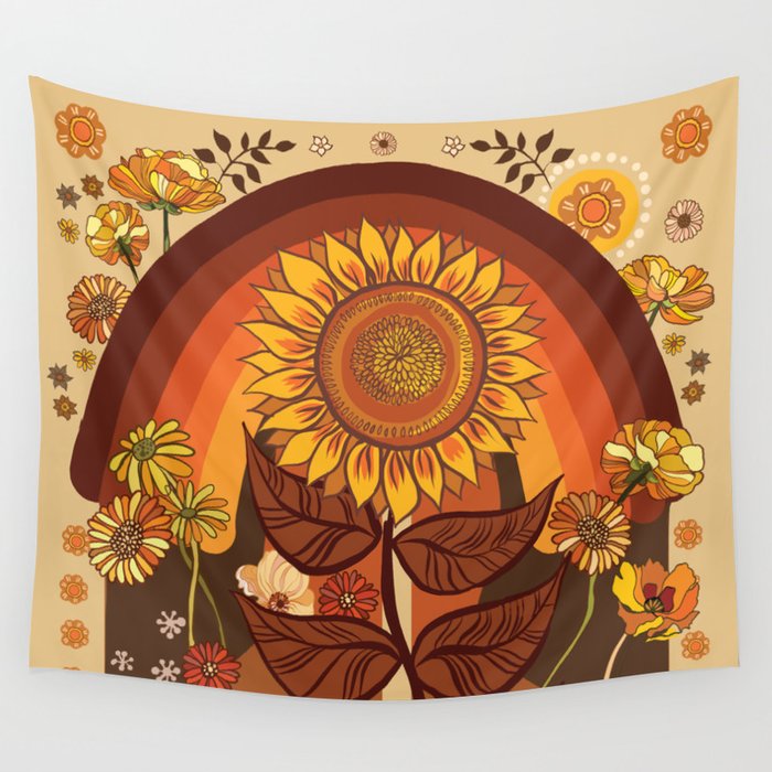 70s, Sunflower, retro, rainbow, warm colors, 60s, boho Wall Tapestry