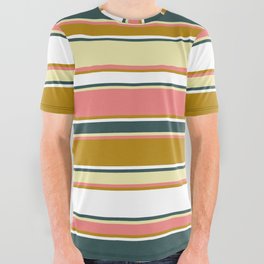[ Thumbnail: Dark Slate Gray, Pale Goldenrod, Light Coral, Dark Goldenrod, and White Colored Striped Pattern All Over Graphic Tee ]