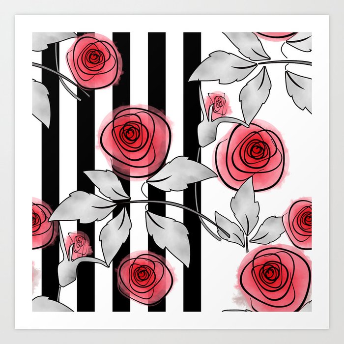 Red roses on black and white striped background. Art Print by Fuzzyfox |  Society6