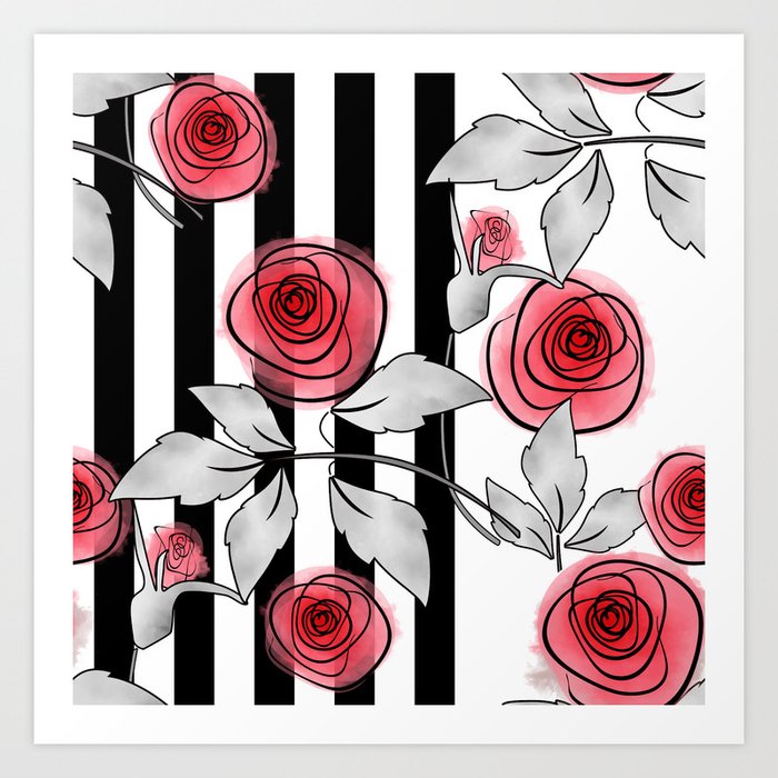 Red Roses On Black And White Striped Background Art Print By Fuzzyfox85 Society6