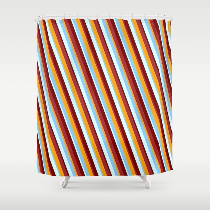 Eye-catching Maroon, Brown, Orange, Light Sky Blue, and Light Cyan Colored Stripes/Lines Pattern Shower Curtain