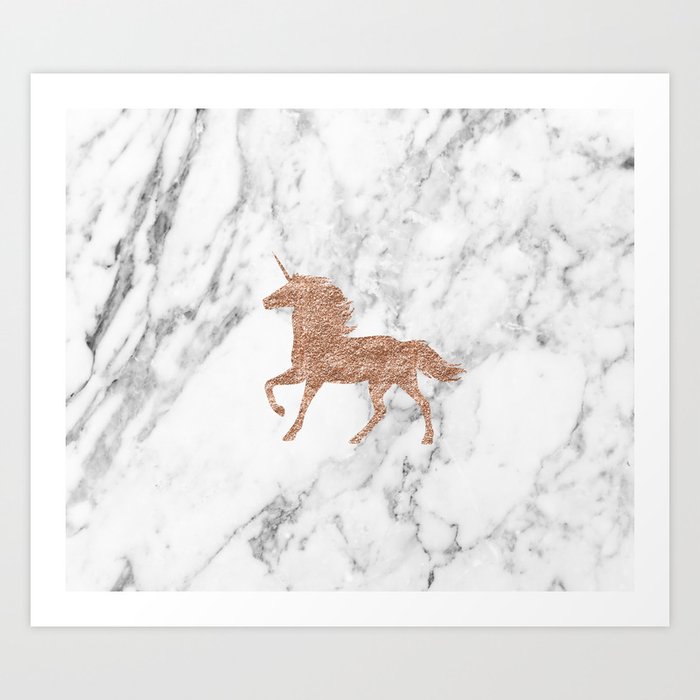 Rose Gold Unicorn On Marble Art Print By Peggieprints