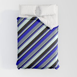 [ Thumbnail: Blue, Light Slate Gray, Light Cyan, and Black Colored Lined/Striped Pattern Comforter ]