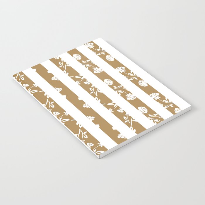 Floral White Rose Pattern on Gold and White Stripes Notebook
