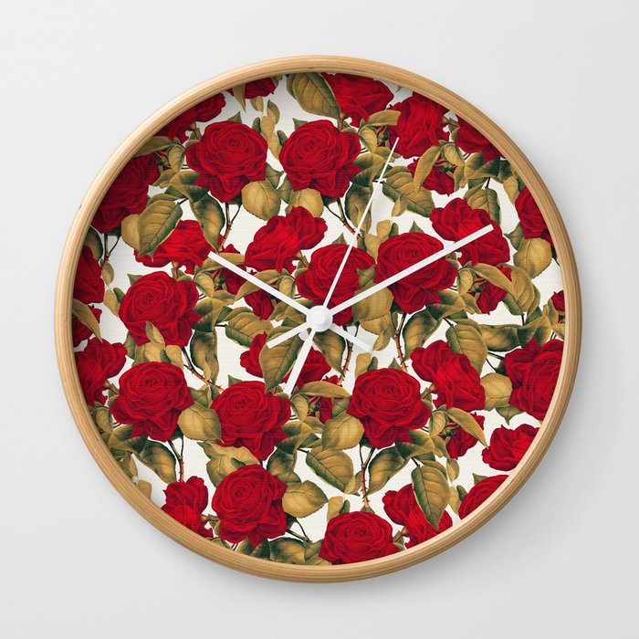 Red Roses on White : Vintage Pattern Series Wall Clock