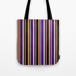 [ Thumbnail: Goldenrod, Black, Light Grey & Indigo Colored Lined/Striped Pattern Tote Bag ]