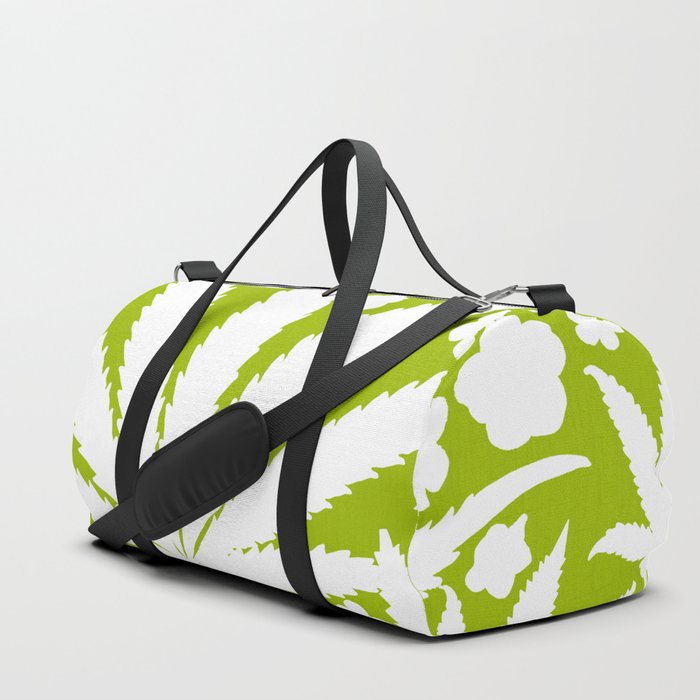 Modern Retro Green And White Cannabis Leaves And Flowers Silhouette Botanical Ditzy Pattern Duffle Bag