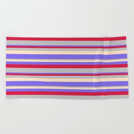 [ Thumbnail: Crimson, Grey, Bisque & Medium Slate Blue Colored Lined Pattern Beach Towel ]