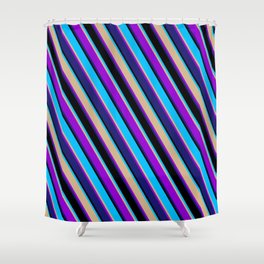 [ Thumbnail: Eyecatching Deep Sky Blue, Tan, Dark Violet, Midnight Blue, and Black Colored Lines Pattern Shower Curtain ]