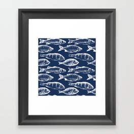 Fish // Navy Blue Framed Art Print