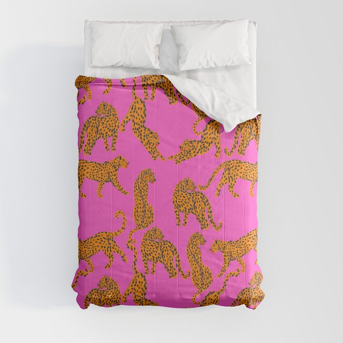 Abstract leopard with red lips illustration in fuchsia background  Comforter
