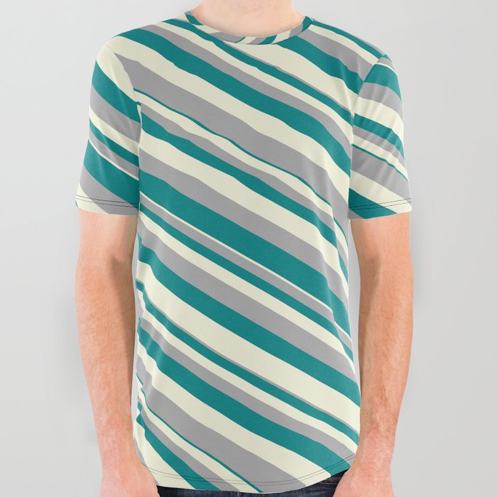 Beige, Dark Gray, and Teal Colored Pattern of Stripes All Over Graphic Tee