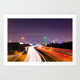 The Road to Dallas Art Print | Usa, Lighttrails, Dallasskyline, Skyscraper, Color, White, Purple, Colorful, Green, Dallas 