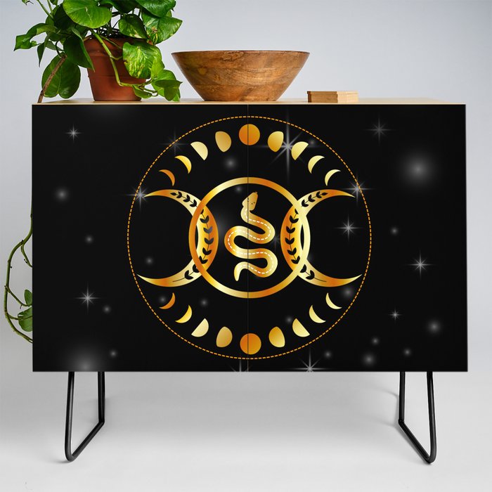 Mystic snake gold mandala with triple goddess and moon phases Credenza