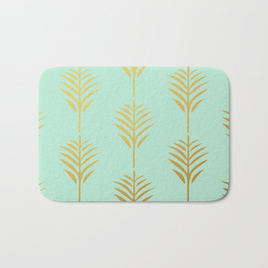 Golden Palm Leaves on Mint Bath Mat