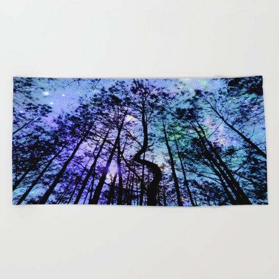 Black Trees Aqua Lavender Space Beach Towel