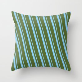 [ Thumbnail: Light Sky Blue and Dark Olive Green Colored Lined/Striped Pattern Throw Pillow ]