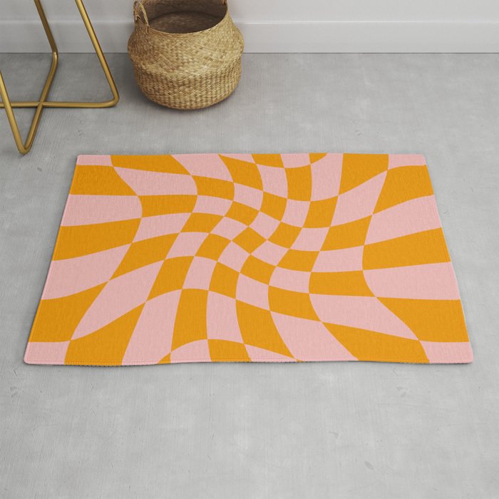 Wavy Check - Orange And Pink - Checkerboard Pattern Print Rug