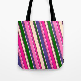 [ Thumbnail: Eye-catching Deep Pink, Dark Slate Blue, Bisque, Hot Pink, and Dark Green Colored Stripes Pattern Tote Bag ]