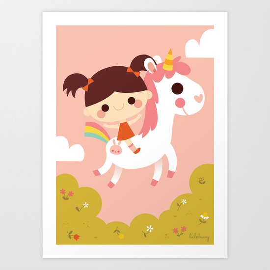 Riding a white unicorn Art Print