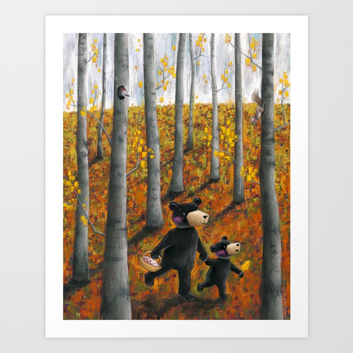 A Walk in the Forest Art Print | Painting, Other, Illustration, Comic, Expressionism, Animals, Childrens, Forest, Bears, Trees