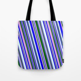 [ Thumbnail: Colorful Plum, Blue, Light Cyan, Slate Blue & Dark Green Colored Striped/Lined Pattern Tote Bag ]