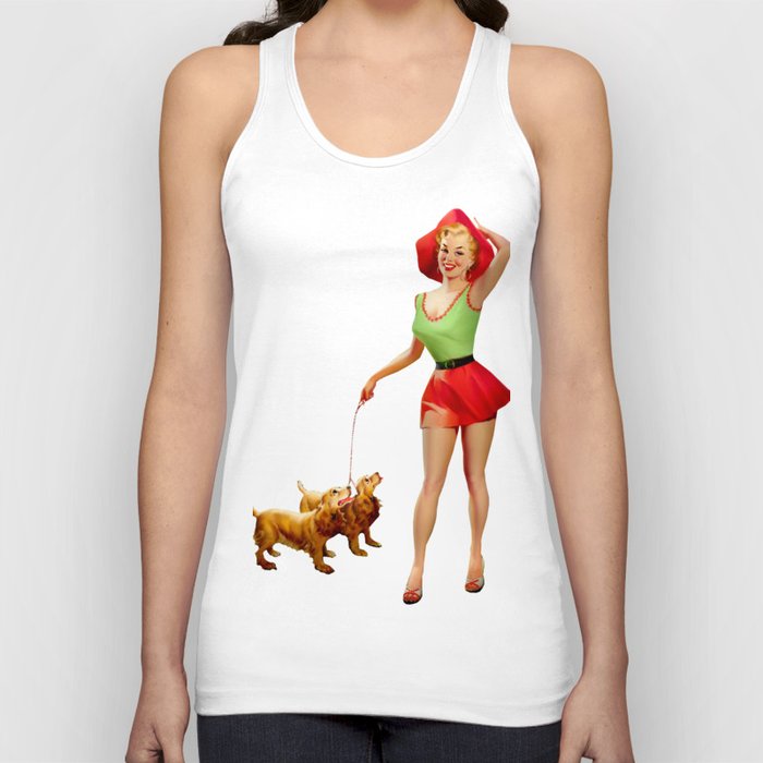 Sexy Blonde Pin Up With Green Dress Red Skirt And Two Dogs Tank Top