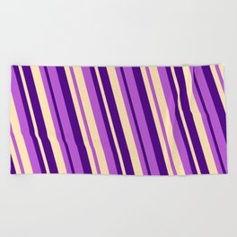 [ Thumbnail: Beige, Indigo & Orchid Colored Lines Pattern Beach Towel ]