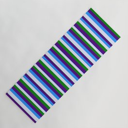 [ Thumbnail: Blue, Lavender, Green, and Indigo Colored Pattern of Stripes Yoga Mat ]