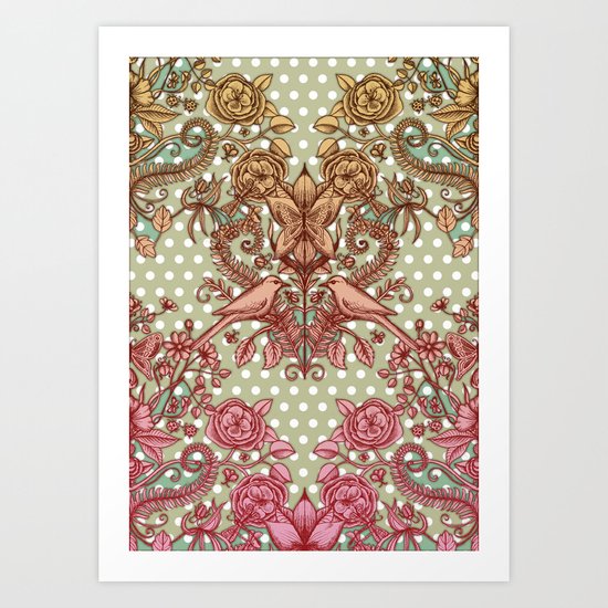 Birds & Butterflies, Polka Dots & Pencil Drawing Art Print