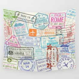 Vintage World Map with Passport Stamps Wall Tapestry