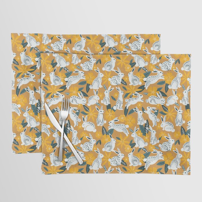 Bunnies & Blooms Ochre & Teal Palette Placemat by Cat Coquillette