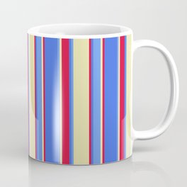 [ Thumbnail: Pale Goldenrod, Cornflower Blue, Royal Blue & Crimson Colored Striped/Lined Pattern Coffee Mug ]