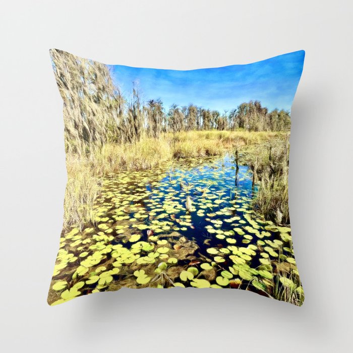 Cypress Swamp and Lily Pads Throw Pillow