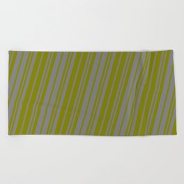 [ Thumbnail: Grey & Green Colored Stripes Pattern Beach Towel ]