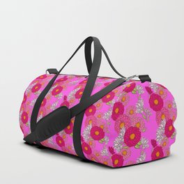 Mid-Century Modern Mums Floral Wallpaper Hot Pink Duffle Bag