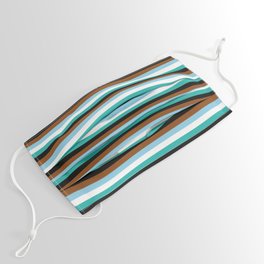 [ Thumbnail: Vibrant Brown, Sky Blue, White, Light Sea Green, and Black Colored Lines/Stripes Pattern Face Mask ]