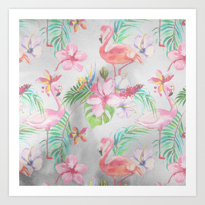 Pink Lilac Green Watercolor Hand Painted Tropical Floral Flamingos