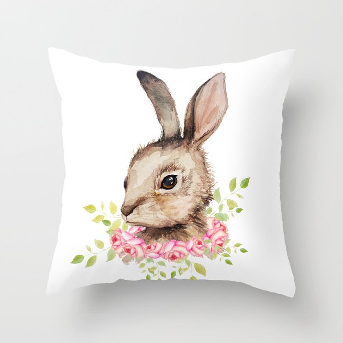 Easter bunny with flower wreath  Throw Pillow