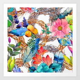 Pink, Aqua, Blue Watercolor Floral And Feather Pattern Art Print