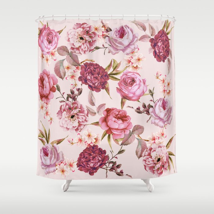 Blush Pink and Red Watercolor Floral Roses Shower Curtain