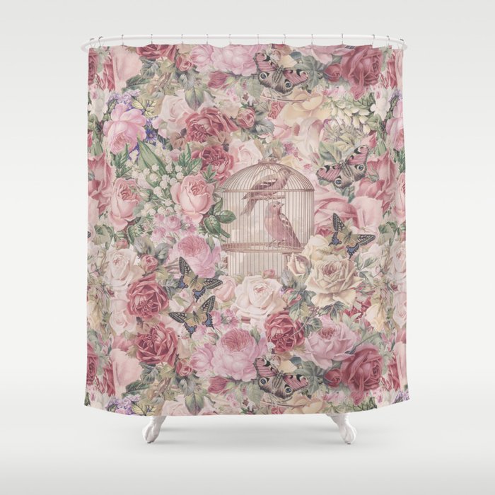 Romantic Flower Pattern And Birdcage, Birdcage Shower Curtain