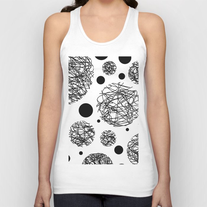 Scribbles - Black and white scribbles and black circles pattern on white Tank Top