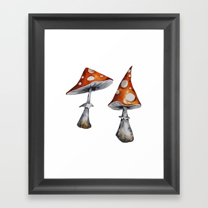 Amanita mushrooms. Watercolor drawing of mushrooms on a white background. Framed Art Print