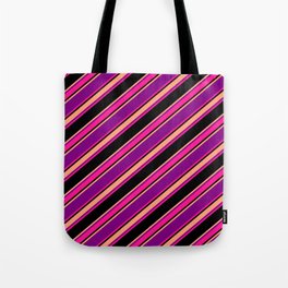 [ Thumbnail: Purple, Deep Pink, Black & Light Salmon Colored Striped Pattern Tote Bag ]