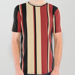 [ Thumbnail: Beige, Red, and Black Colored Striped Pattern All Over Graphic Tee ]