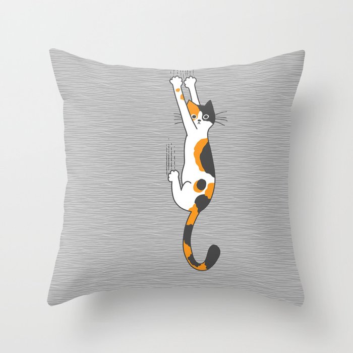 Calico Cat Hanging On Throw Pillow