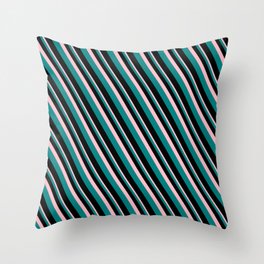 [ Thumbnail: Pink, Teal, and Black Colored Lined/Striped Pattern Throw Pillow ]