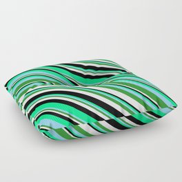 [ Thumbnail: Eyecatching Green, Light Sky Blue, Forest Green, White, and Black Colored Lines Pattern Floor Pillow ]