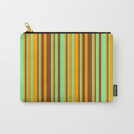 [ Thumbnail: Brown, Light Green, and Orange Colored Striped Pattern Carry-All Pouch ]